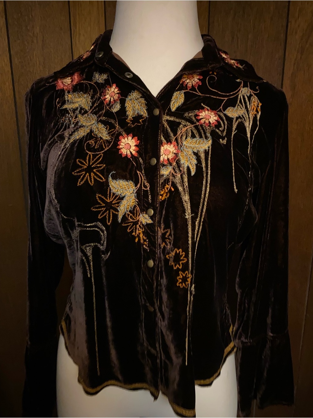 J. Jill Brown Floral Embroidered Velvet Snap Button Down Shirt Size M